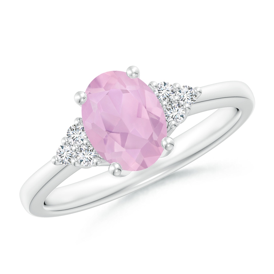 8x6mm AAAA Solitaire Oval Rose Quartz Ring with Trio Diamond Accents in White Gold 