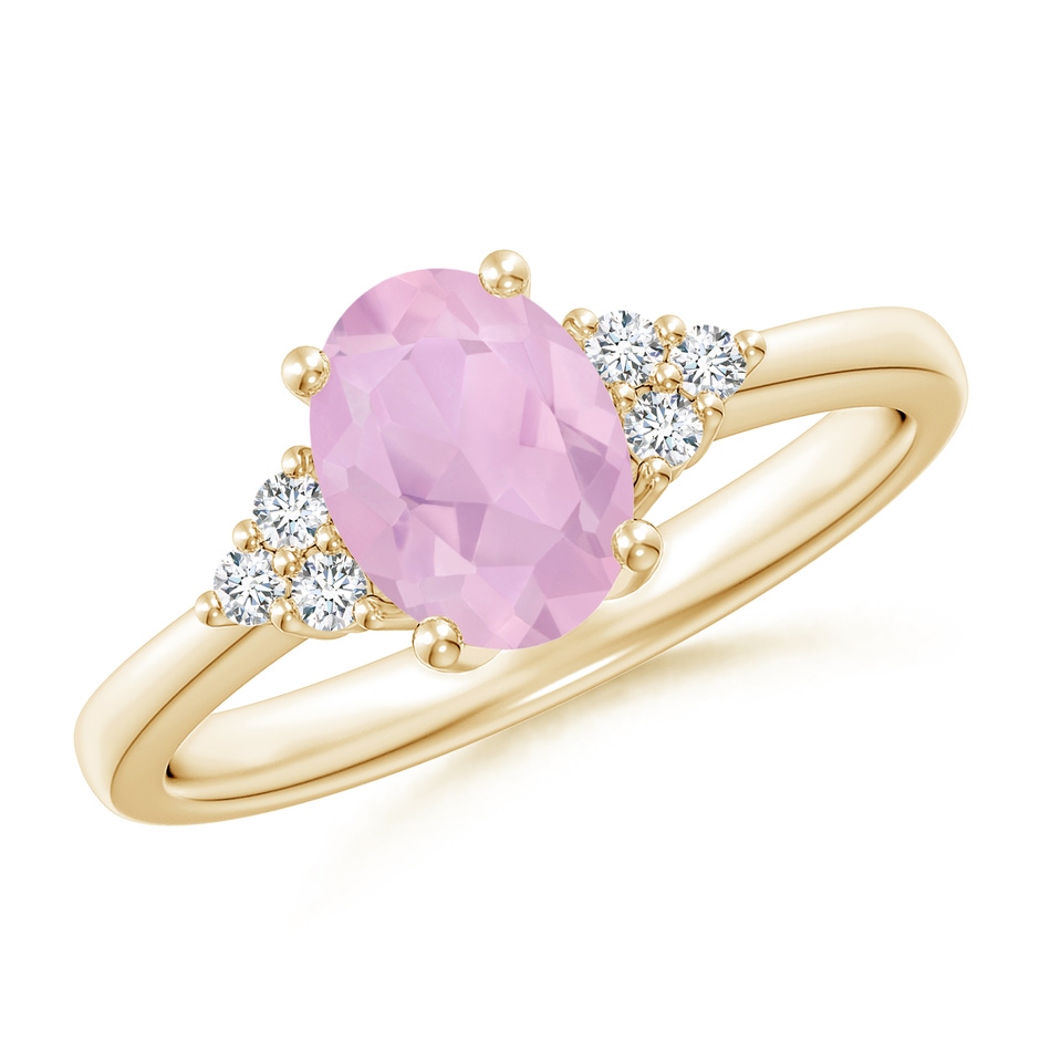 8x6mm AAAA Solitaire Oval Rose Quartz Ring with Trio Diamond Accents in Yellow Gold 