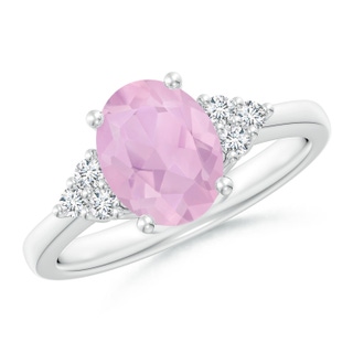 9x7mm AAAA Solitaire Oval Rose Quartz Ring with Trio Diamond Accents in P950 Platinum