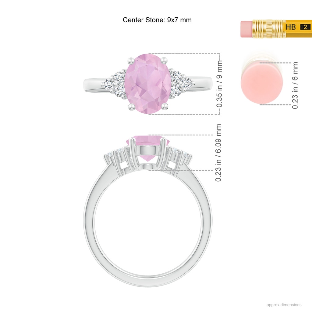 9x7mm AAAA Solitaire Oval Rose Quartz Ring with Trio Diamond Accents in P950 Platinum Ruler