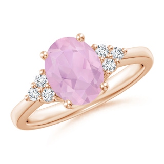 9x7mm AAAA Solitaire Oval Rose Quartz Ring with Trio Diamond Accents in Rose Gold