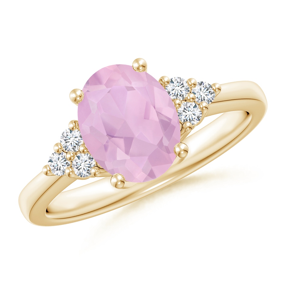 9x7mm AAAA Solitaire Oval Rose Quartz Ring with Trio Diamond Accents in Yellow Gold 