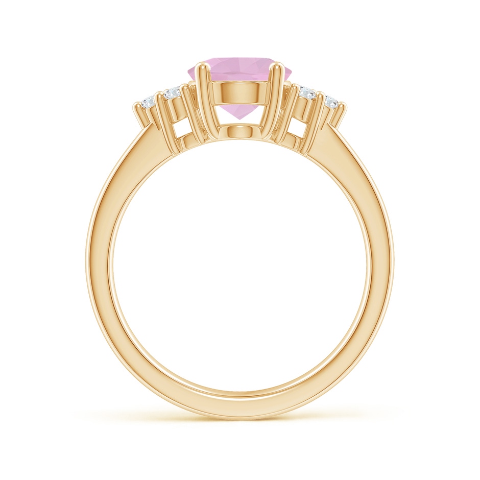 9x7mm AAAA Solitaire Oval Rose Quartz Ring with Trio Diamond Accents in Yellow Gold side 1
