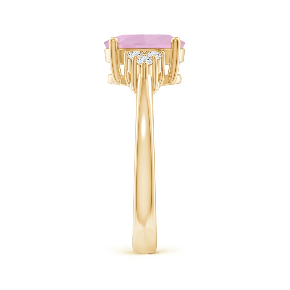 9x7mm AAAA Solitaire Oval Rose Quartz Ring with Trio Diamond Accents in Yellow Gold side 2
