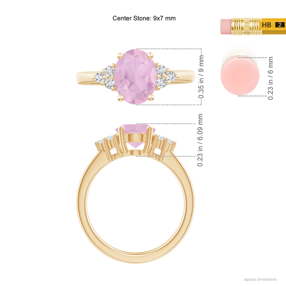 9x7mm AAAA Solitaire Oval Rose Quartz Ring with Trio Diamond Accents in Yellow Gold ruler