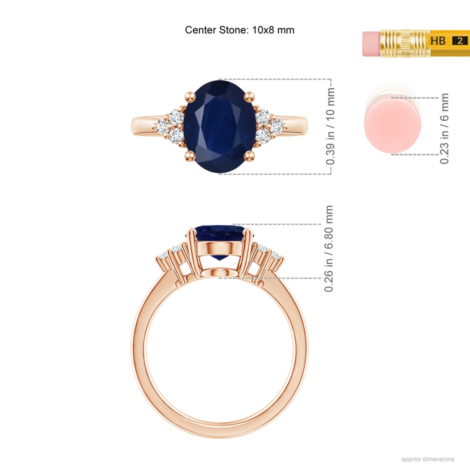 10x8mm A Solitaire Oval Blue Sapphire and Diamond Promise Ring in Rose Gold ruler