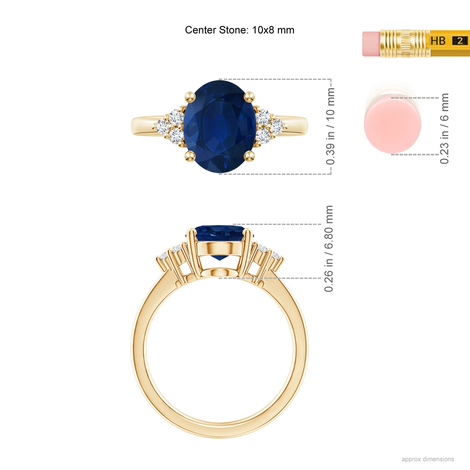 10x8mm AA Solitaire Oval Blue Sapphire and Diamond Promise Ring in Yellow Gold ruler