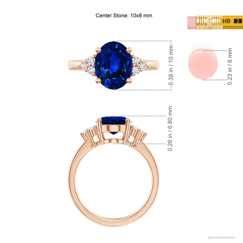 10x8mm AAAA Solitaire Oval Blue Sapphire and Diamond Promise Ring in Rose Gold ruler