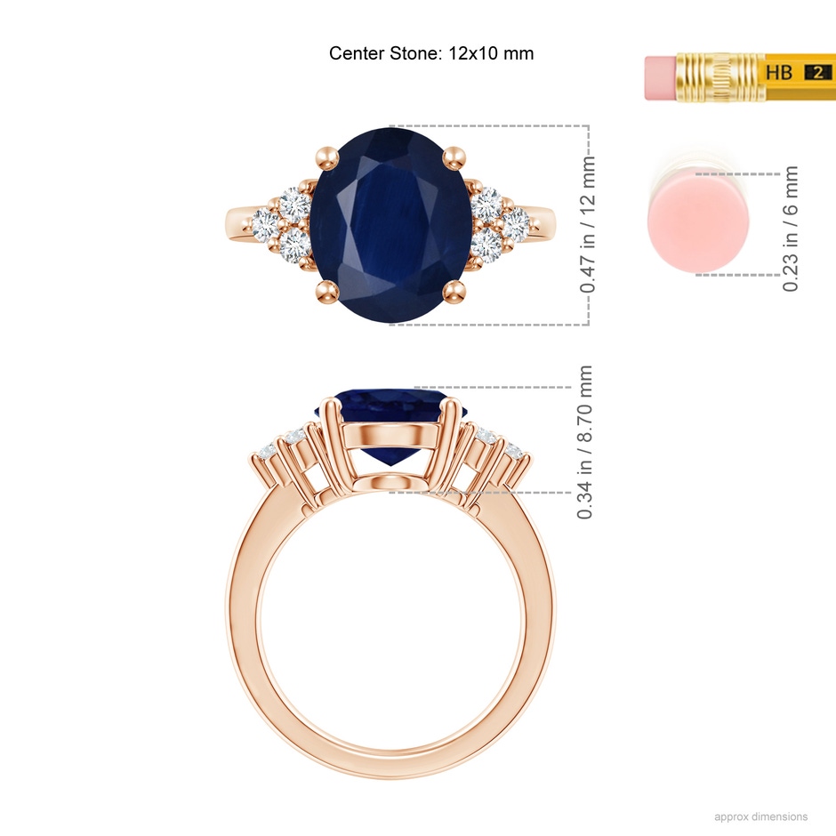 12x10mm A Solitaire Oval Blue Sapphire and Diamond Promise Ring in Rose Gold ruler