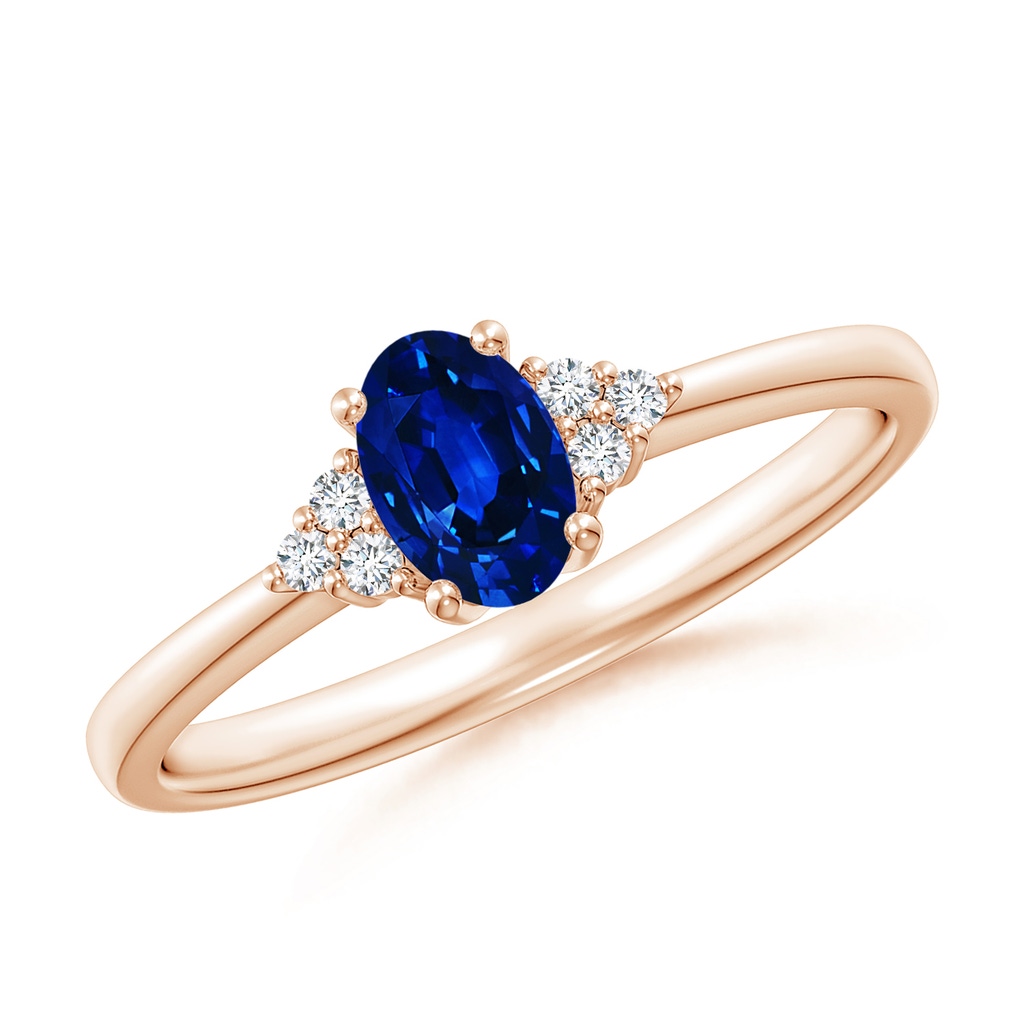 6x4mm AAAA Solitaire Oval Blue Sapphire and Diamond Promise Ring in Rose Gold