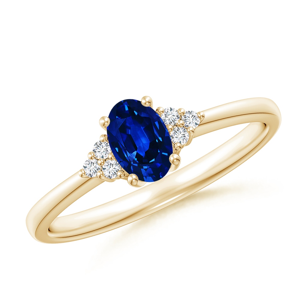6x4mm AAAA Solitaire Oval Blue Sapphire and Diamond Promise Ring in Yellow Gold