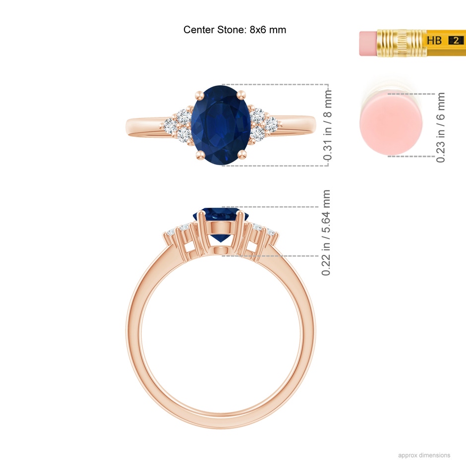8x6mm AA Solitaire Oval Blue Sapphire and Diamond Promise Ring in Rose Gold ruler