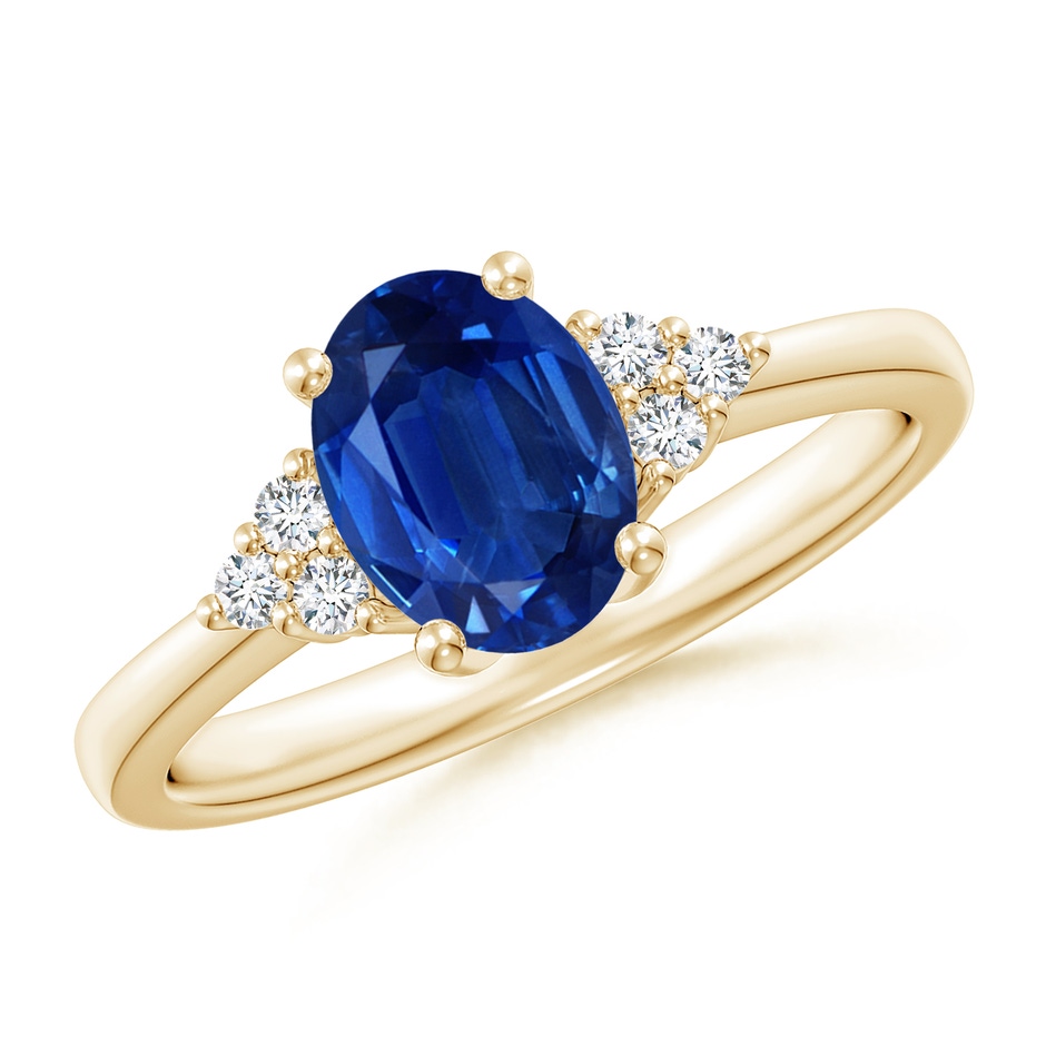 8x6mm AAA Solitaire Oval Blue Sapphire and Diamond Promise Ring in Yellow Gold 
