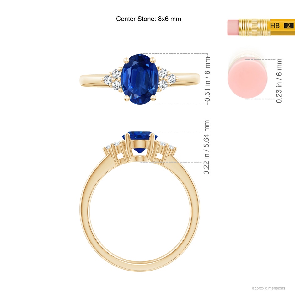 8x6mm AAA Solitaire Oval Blue Sapphire and Diamond Promise Ring in Yellow Gold ruler