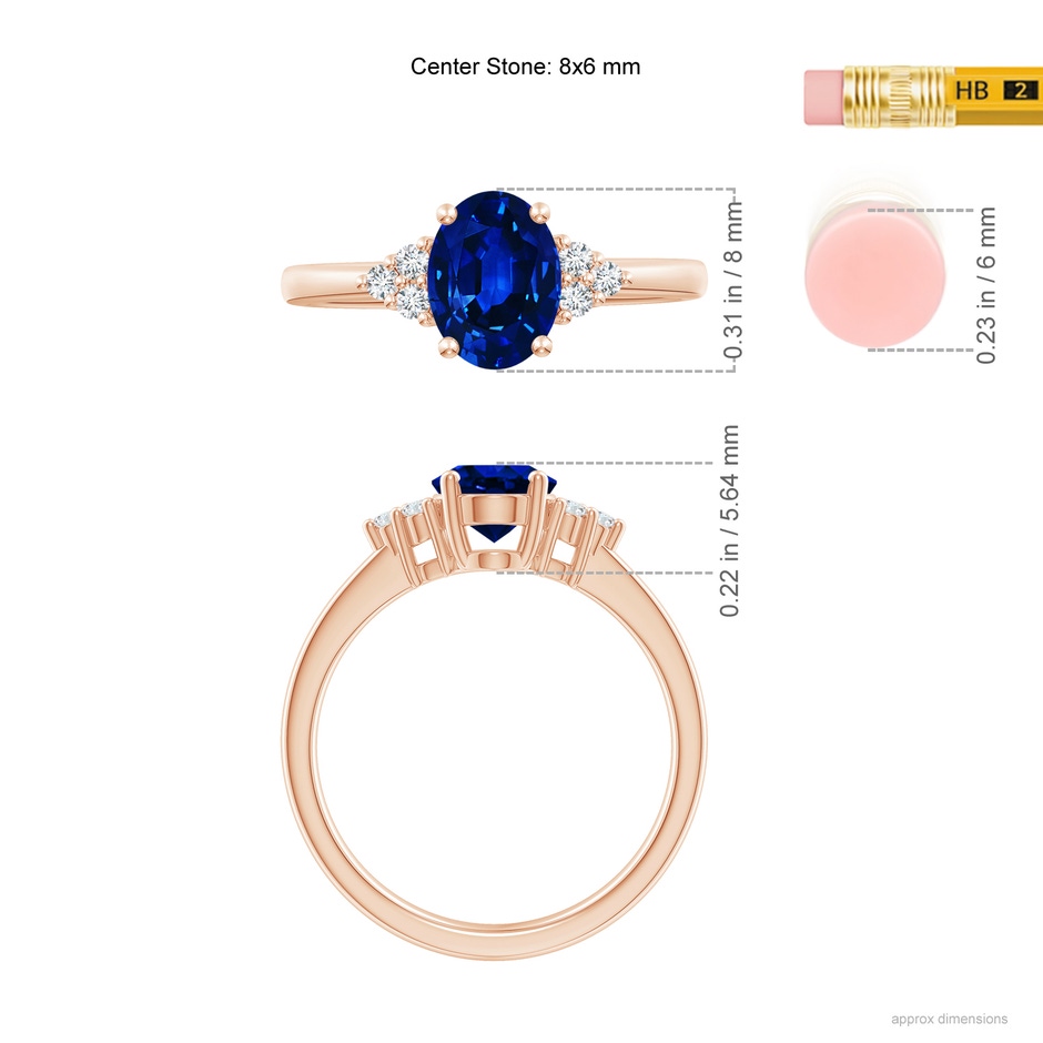 8x6mm AAAA Solitaire Oval Blue Sapphire and Diamond Promise Ring in Rose Gold ruler