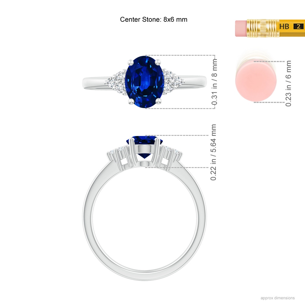 8x6mm AAAA Solitaire Oval Blue Sapphire and Diamond Promise Ring in White Gold ruler