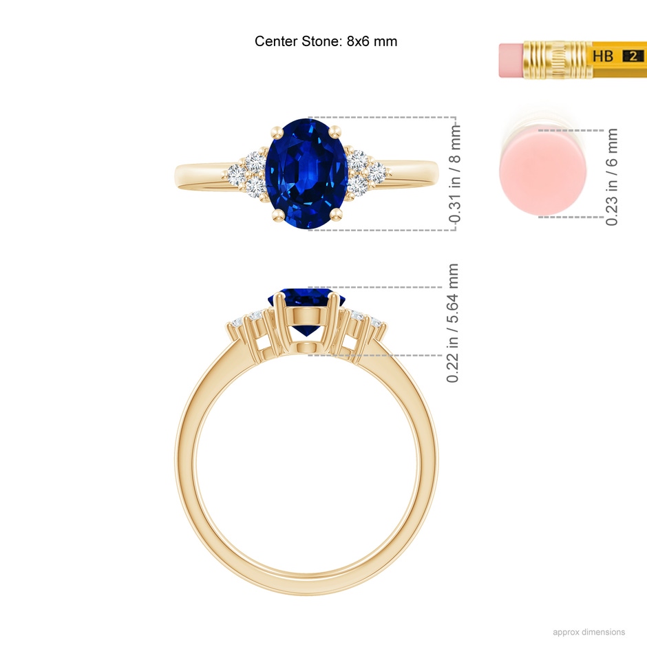 8x6mm AAAA Solitaire Oval Blue Sapphire and Diamond Promise Ring in Yellow Gold ruler