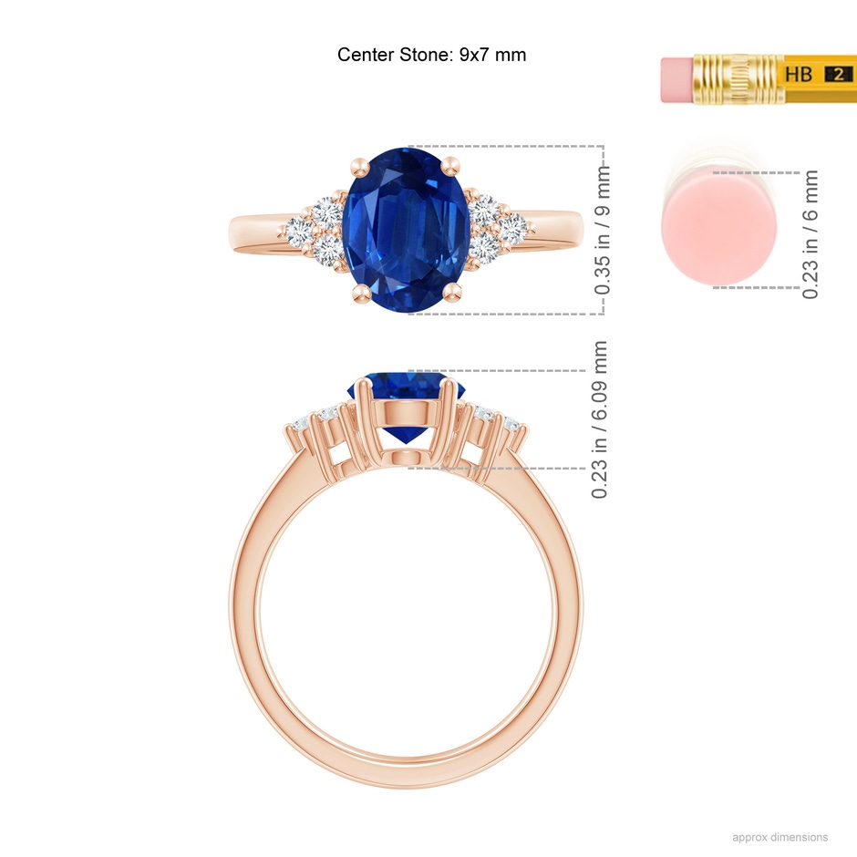 9x7mm AAA Solitaire Oval Blue Sapphire and Diamond Promise Ring in Rose Gold ruler
