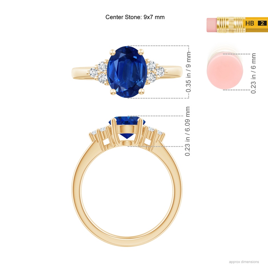9x7mm AAA Solitaire Oval Blue Sapphire and Diamond Promise Ring in Yellow Gold ruler
