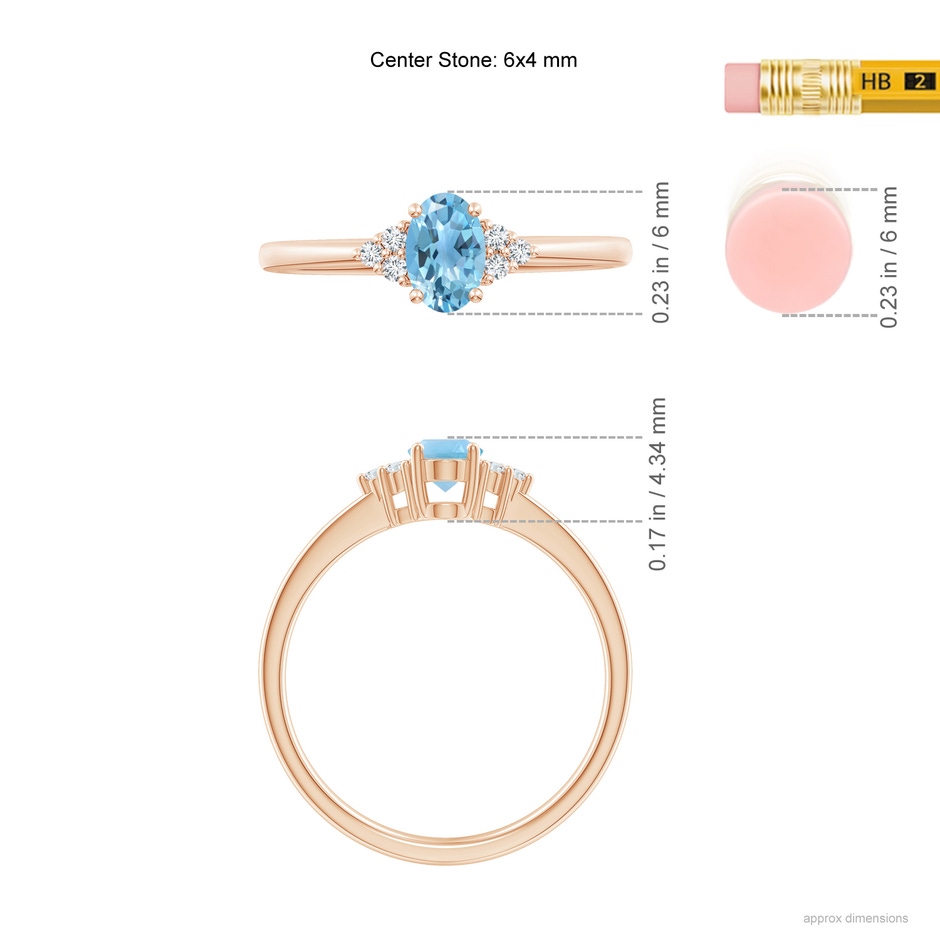 6x4mm A Solitaire Oval Swiss Blue Topaz Ring with Trio Diamond Accents in Rose Gold ruler