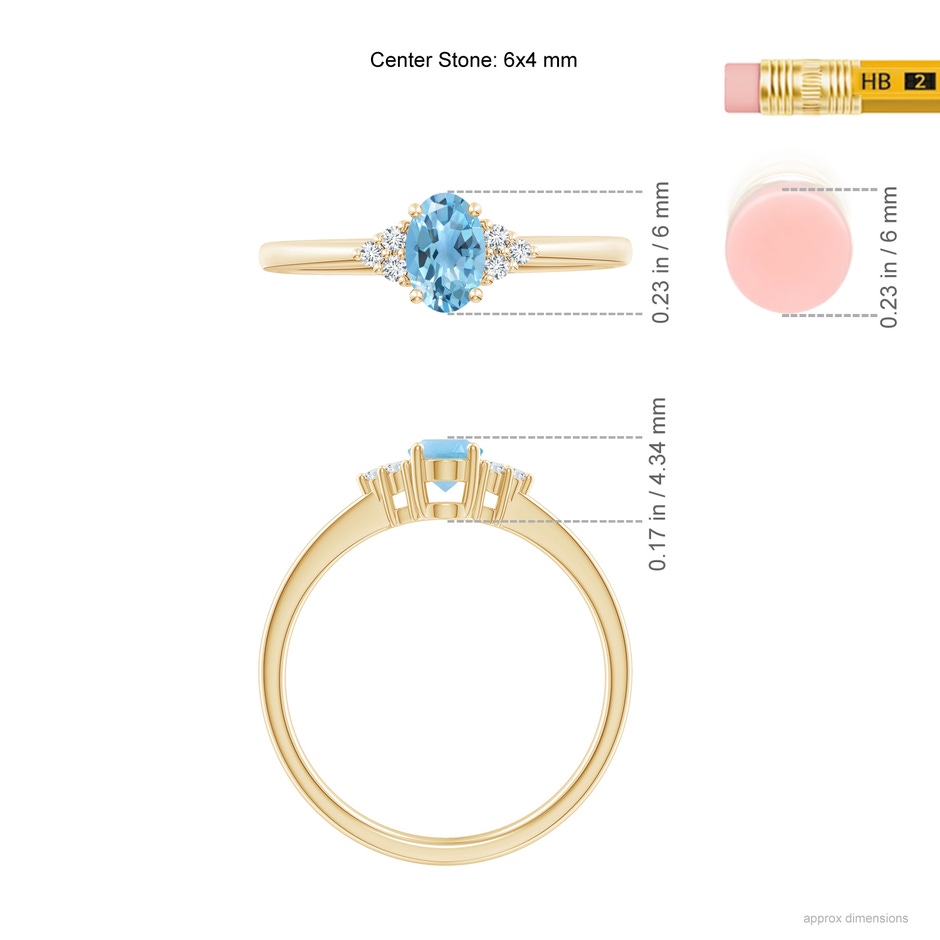 6x4mm A Solitaire Oval Swiss Blue Topaz Ring with Trio Diamond Accents in Yellow Gold ruler