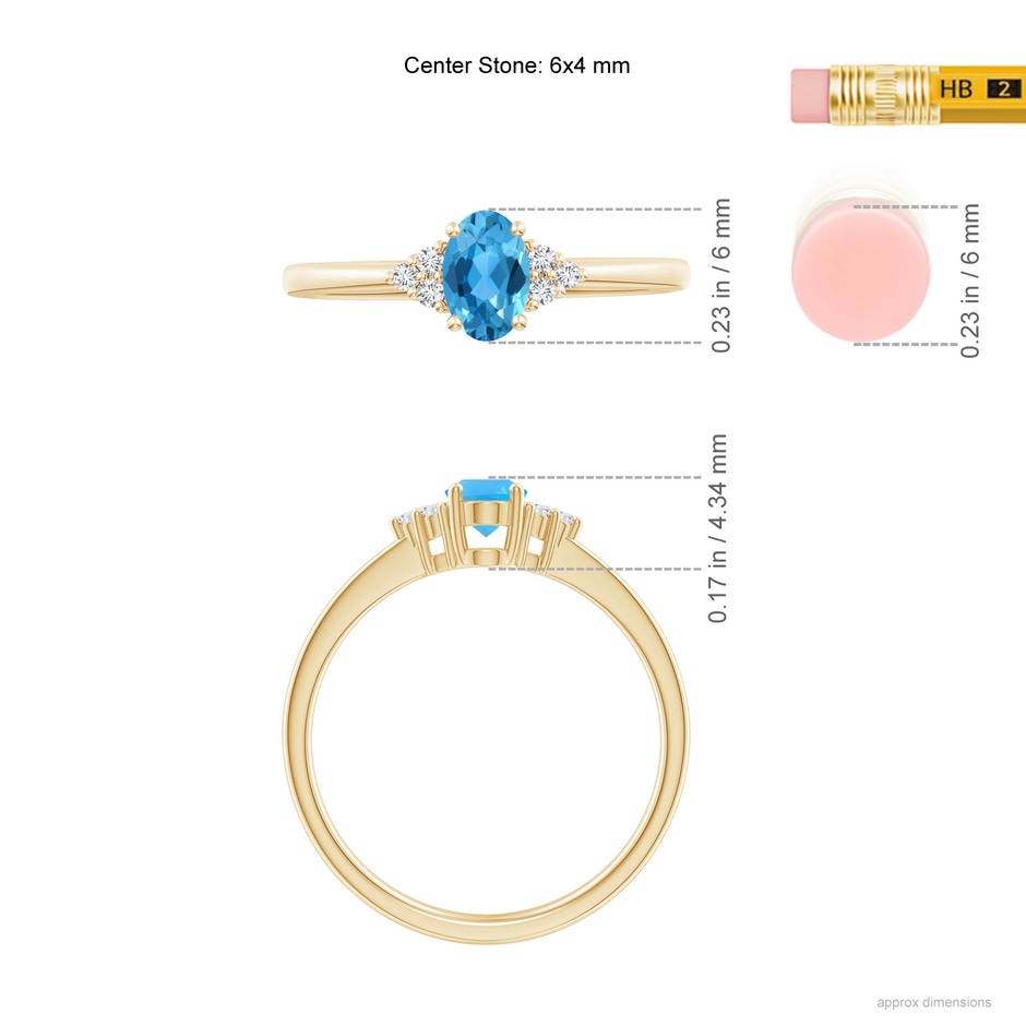 6x4mm AAA Solitaire Oval Swiss Blue Topaz Ring with Trio Diamond Accents in 9K Yellow Gold ruler