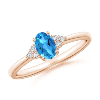 6x4mm AAAA Solitaire Oval Swiss Blue Topaz Ring with Trio Diamond Accents in Rose Gold