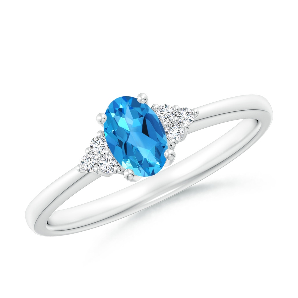 6x4mm AAAA Solitaire Oval Swiss Blue Topaz Ring with Trio Diamond Accents in White Gold