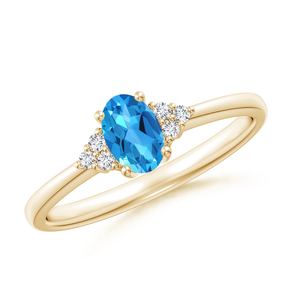 6x4mm AAAA Solitaire Oval Swiss Blue Topaz Ring with Trio Diamond Accents in Yellow Gold 