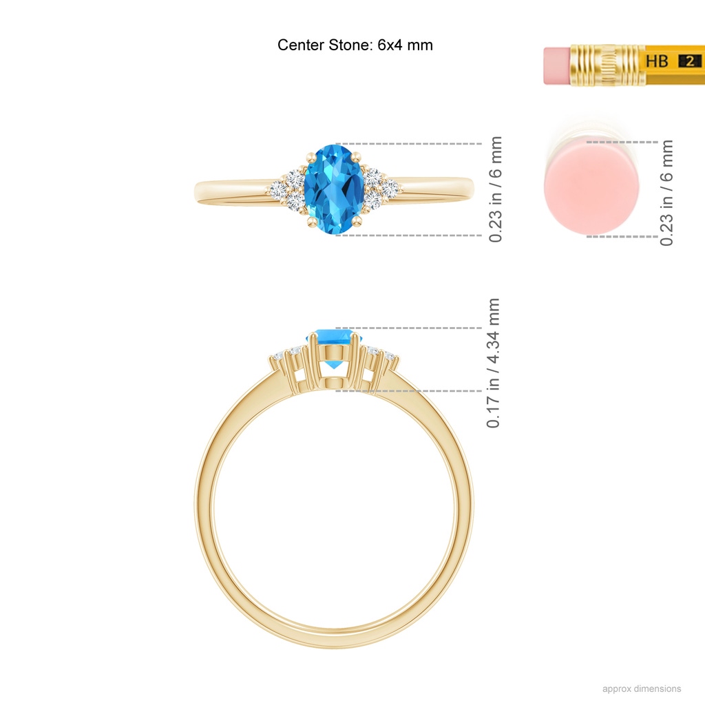 6x4mm AAAA Solitaire Oval Swiss Blue Topaz Ring with Trio Diamond Accents in Yellow Gold Ruler