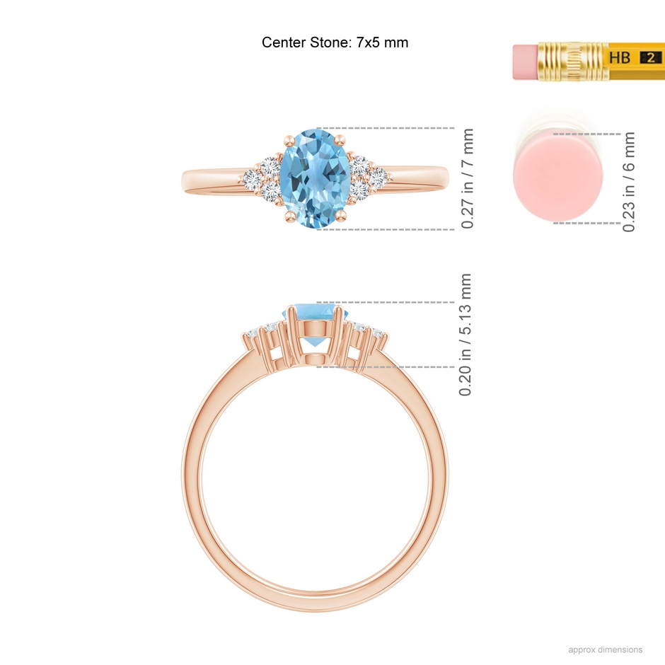 7x5mm A Solitaire Oval Swiss Blue Topaz Ring with Trio Diamond Accents in Rose Gold ruler