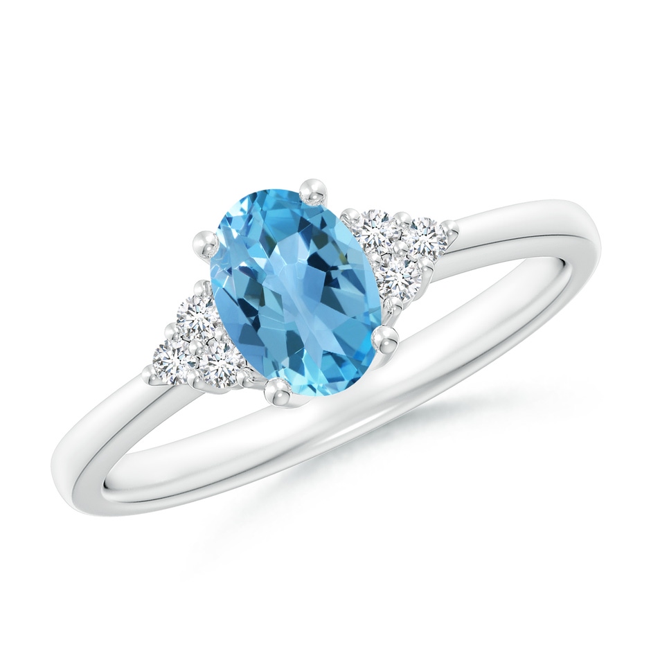 7x5mm AA Solitaire Oval Swiss Blue Topaz Ring with Trio Diamond Accents in P950 Platinum 