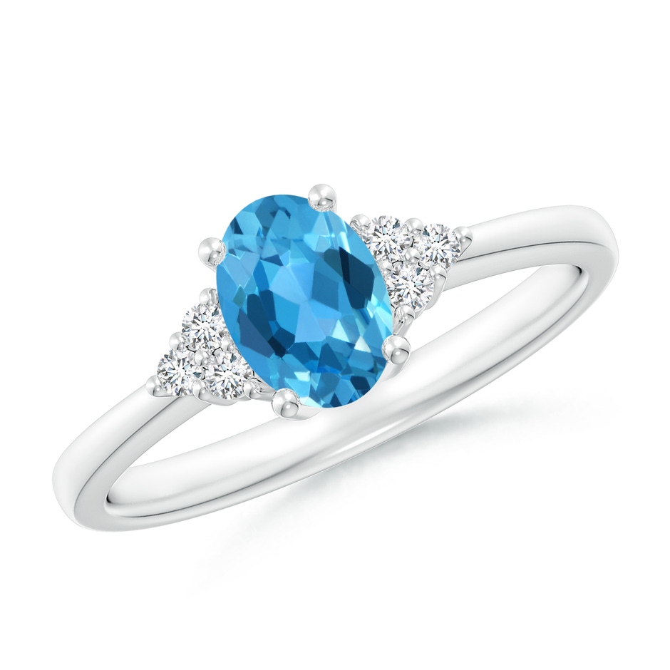 7x5mm AAA Solitaire Oval Swiss Blue Topaz Ring with Trio Diamond Accents in P950 Platinum 
