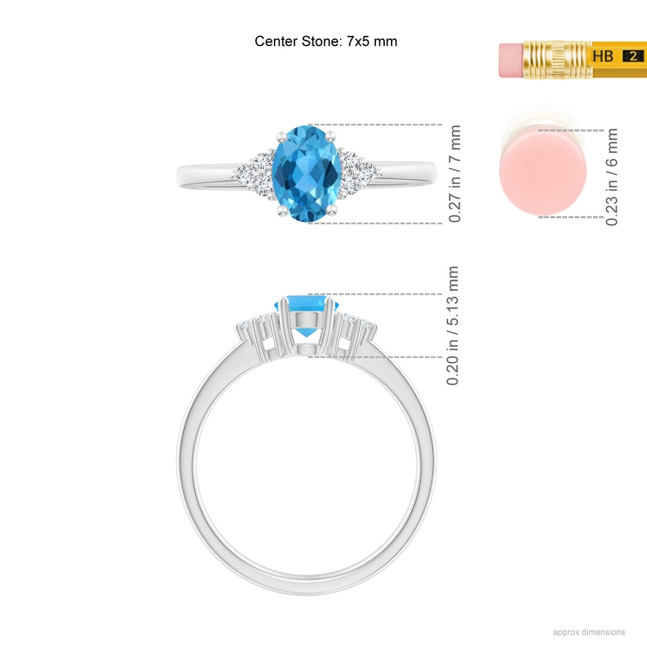 7x5mm AAA Solitaire Oval Swiss Blue Topaz Ring with Trio Diamond Accents in P950 Platinum ruler