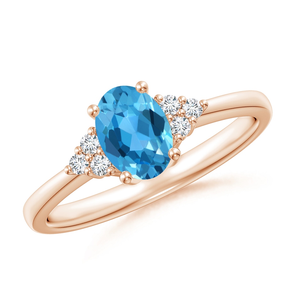 7x5mm AAA Solitaire Oval Swiss Blue Topaz Ring with Trio Diamond Accents in Rose Gold 
