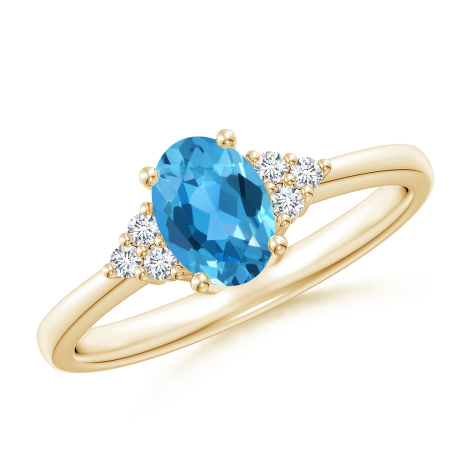 7x5mm AAA Solitaire Oval Swiss Blue Topaz Ring with Trio Diamond Accents in Yellow Gold 