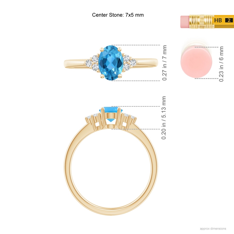 7x5mm AAA Solitaire Oval Swiss Blue Topaz Ring with Trio Diamond Accents in Yellow Gold ruler