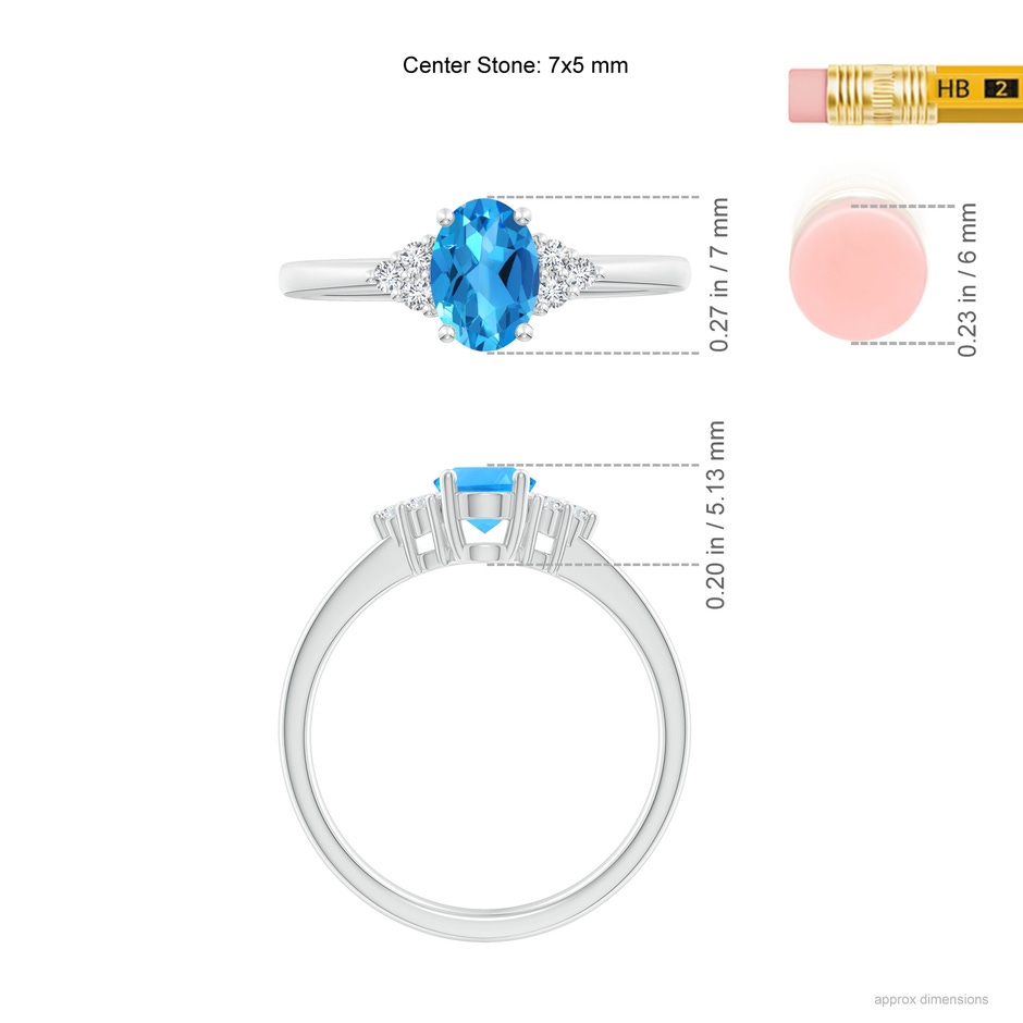 7x5mm AAAA Solitaire Oval Swiss Blue Topaz Ring with Trio Diamond Accents in P950 Platinum ruler