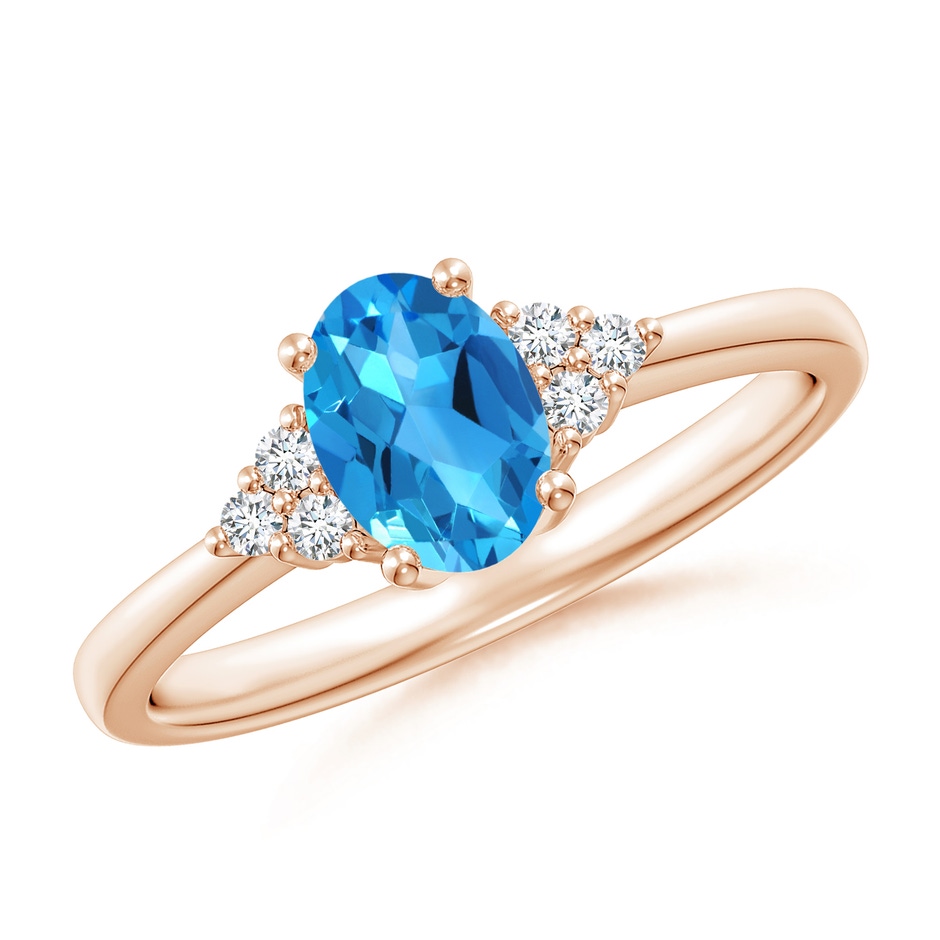 7x5mm AAAA Solitaire Oval Swiss Blue Topaz Ring with Trio Diamond Accents in Rose Gold 