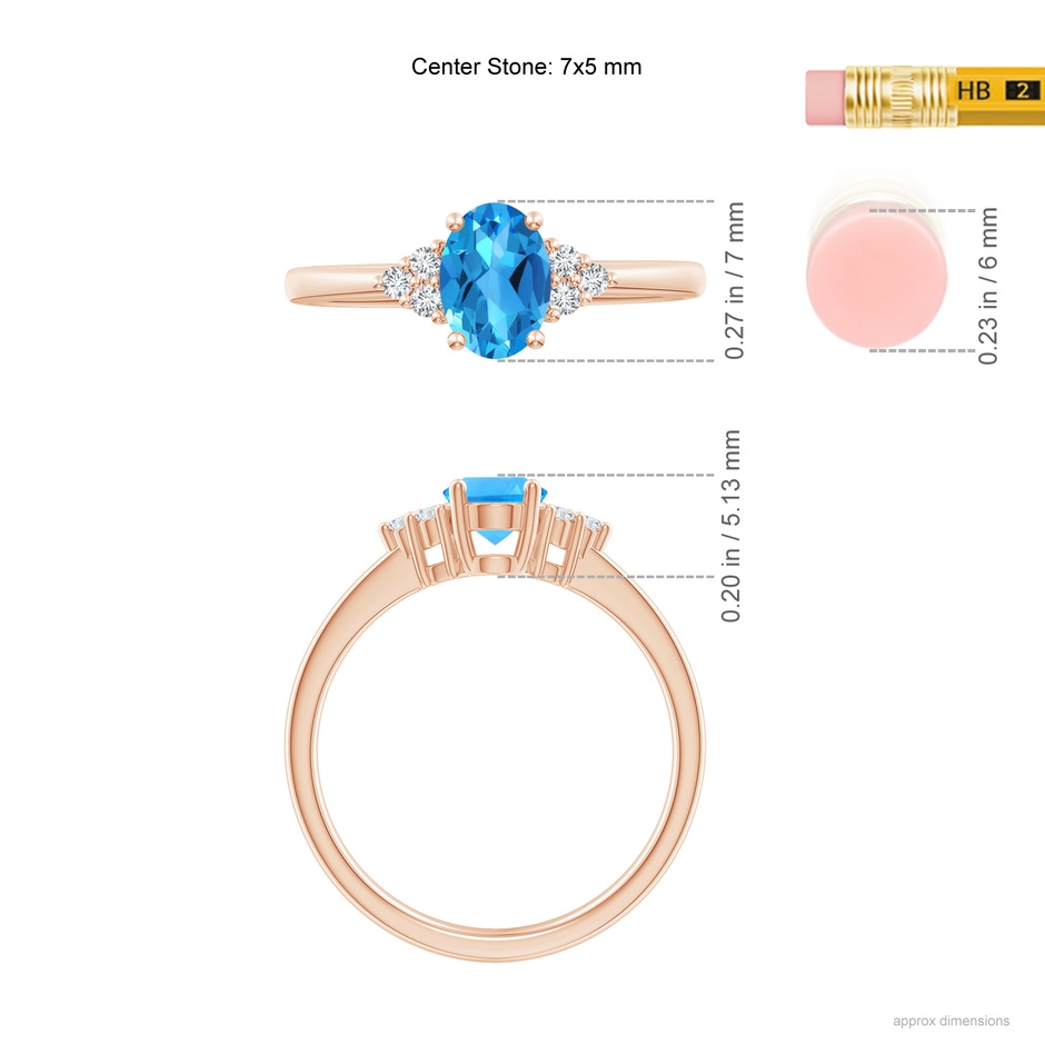 7x5mm AAAA Solitaire Oval Swiss Blue Topaz Ring with Trio Diamond Accents in Rose Gold ruler