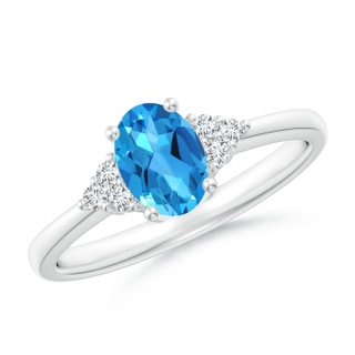 7x5mm AAAA Solitaire Oval Swiss Blue Topaz Ring with Trio Diamond Accents in White Gold