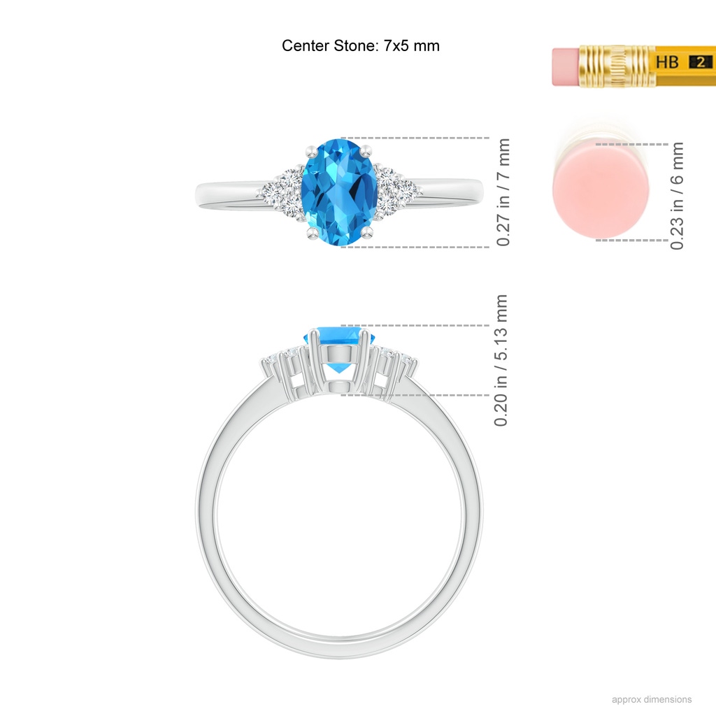7x5mm AAAA Solitaire Oval Swiss Blue Topaz Ring with Trio Diamond Accents in White Gold Ruler
