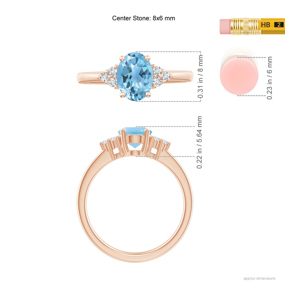 8x6mm A Solitaire Oval Swiss Blue Topaz Ring with Trio Diamond Accents in Rose Gold ruler