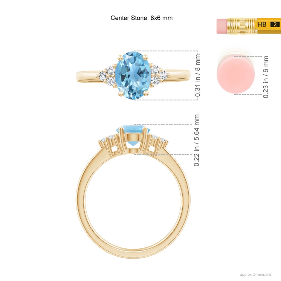 8x6mm A Solitaire Oval Swiss Blue Topaz Ring with Trio Diamond Accents in Yellow Gold ruler