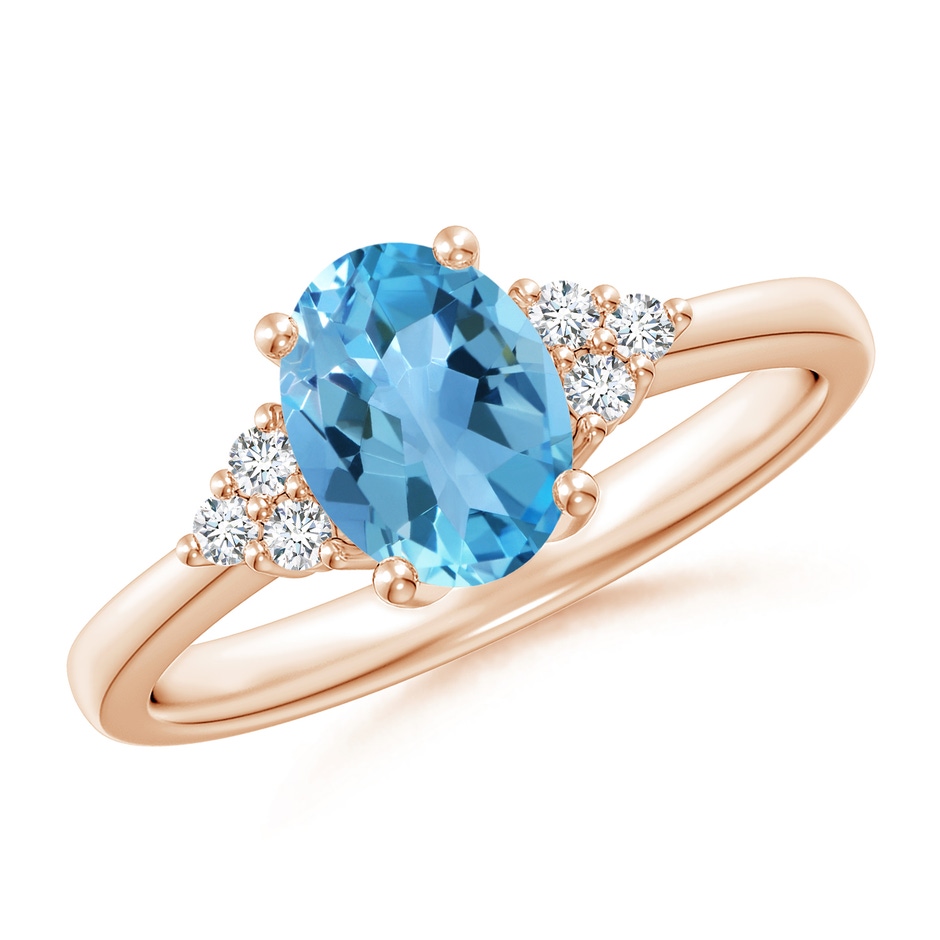 8x6mm AA Solitaire Oval Swiss Blue Topaz Ring with Trio Diamond Accents in Rose Gold 