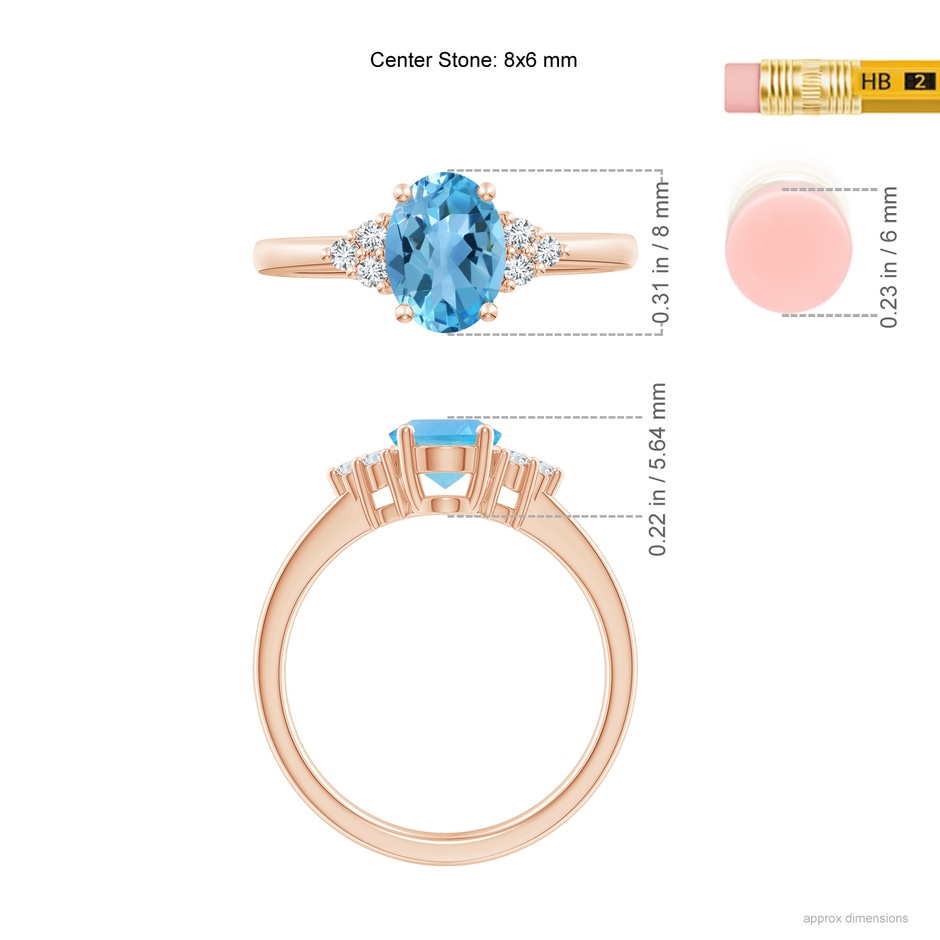 8x6mm AA Solitaire Oval Swiss Blue Topaz Ring with Trio Diamond Accents in Rose Gold ruler