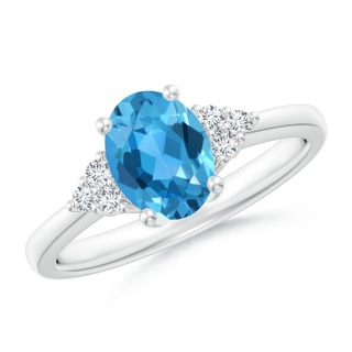 8x6mm AAA Solitaire Oval Swiss Blue Topaz Ring with Trio Diamond Accents in White Gold