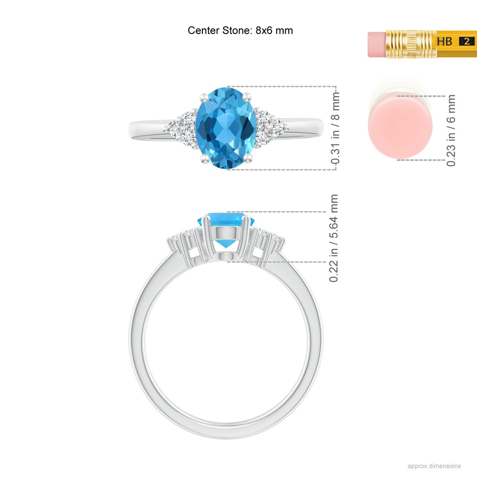 8x6mm AAA Solitaire Oval Swiss Blue Topaz Ring with Trio Diamond Accents in White Gold ruler