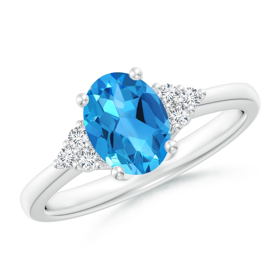 8x6mm AAAA Solitaire Oval Swiss Blue Topaz Ring with Trio Diamond Accents in P950 Platinum 