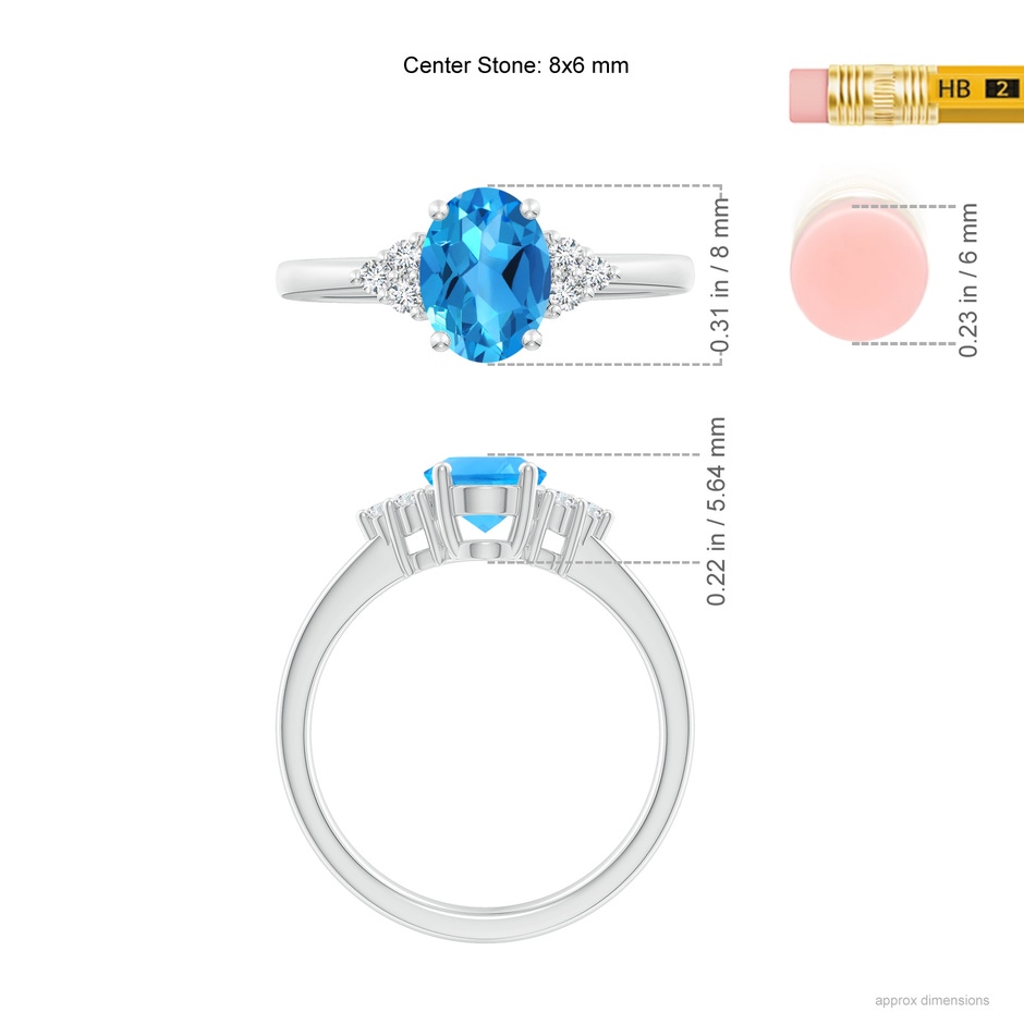 8x6mm AAAA Solitaire Oval Swiss Blue Topaz Ring with Trio Diamond Accents in White Gold ruler